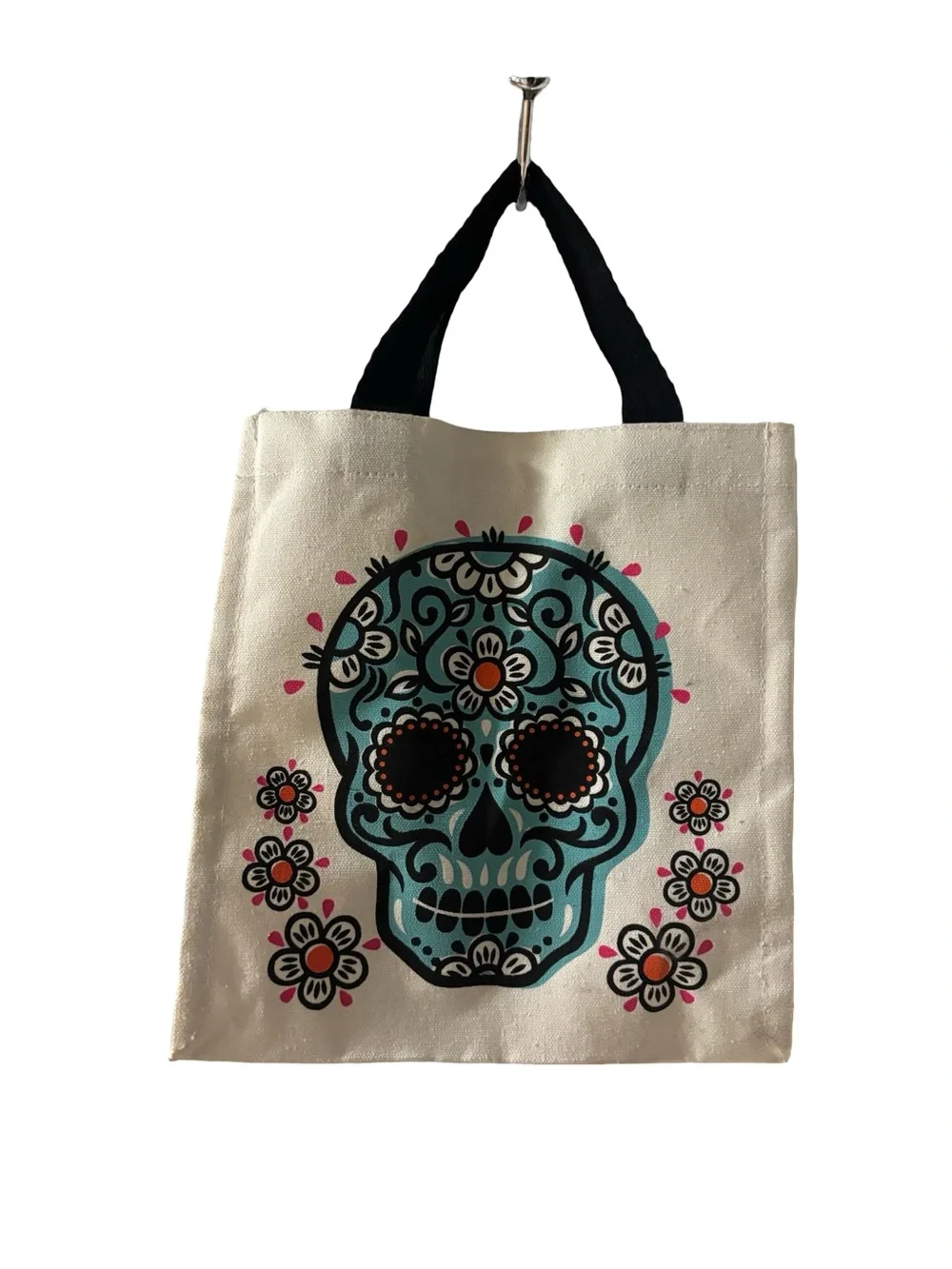 Sugar Skull Canvas Tote Bag in Teal and Black